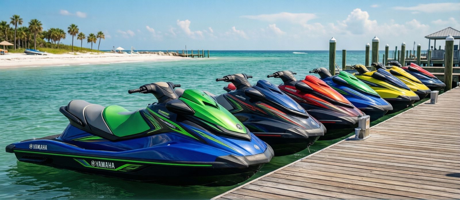 A row of Yamaha WaveRunner jet skis in a colorful rental fleet lined up at a marina dock on Destin Harbor on a sunny summer morning