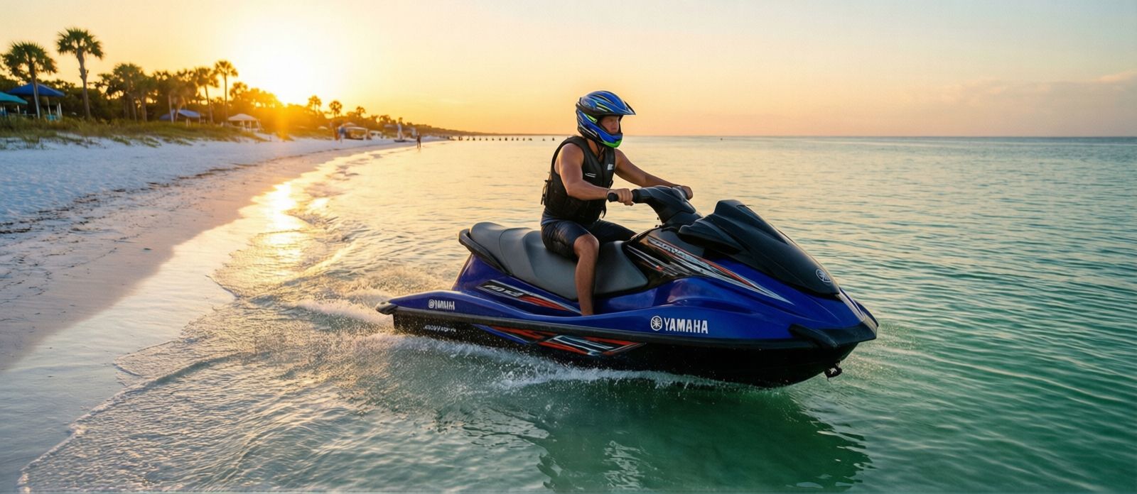 Solo rider on a Yamaha WaveRunner at sunrise on glassy calm Choctawhatchee Bay near Destin Florida with warm golden morning light