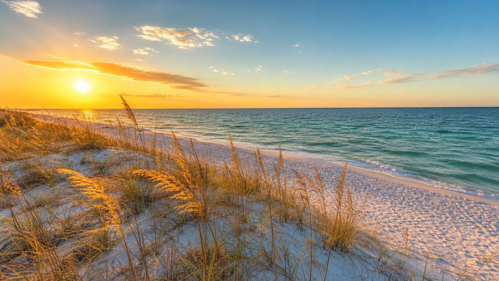 Empty pristine white sand beach at a Destin Florida state park at sunrise in summer with sea oats and emerald water