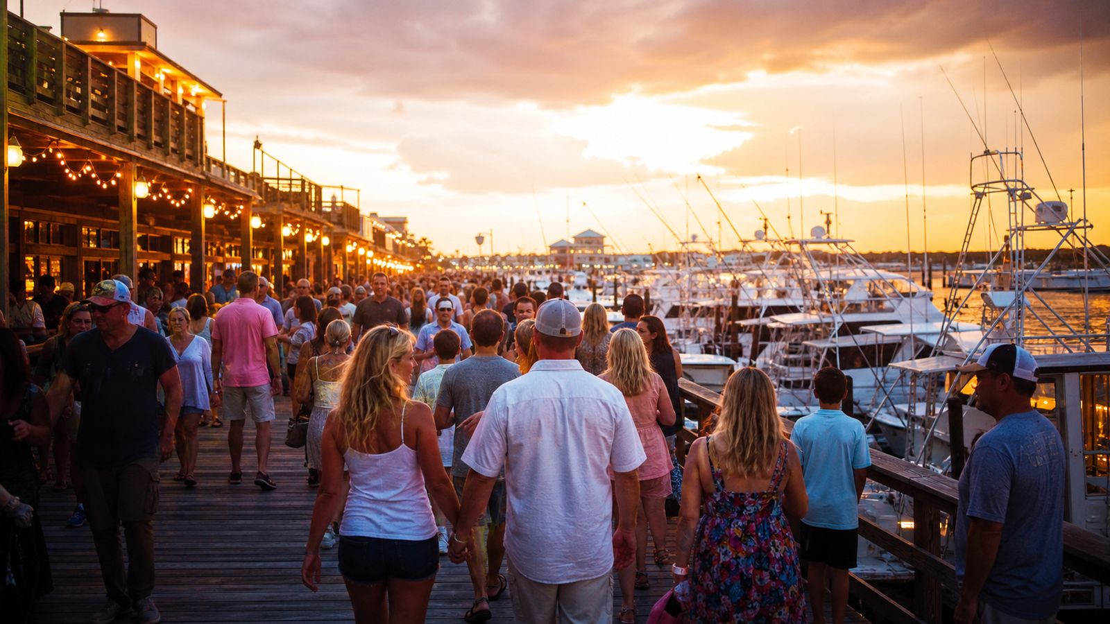 Busy harbor boardwalk in Destin Florida on a July summer evening with crowds of tourists and charter boats docked