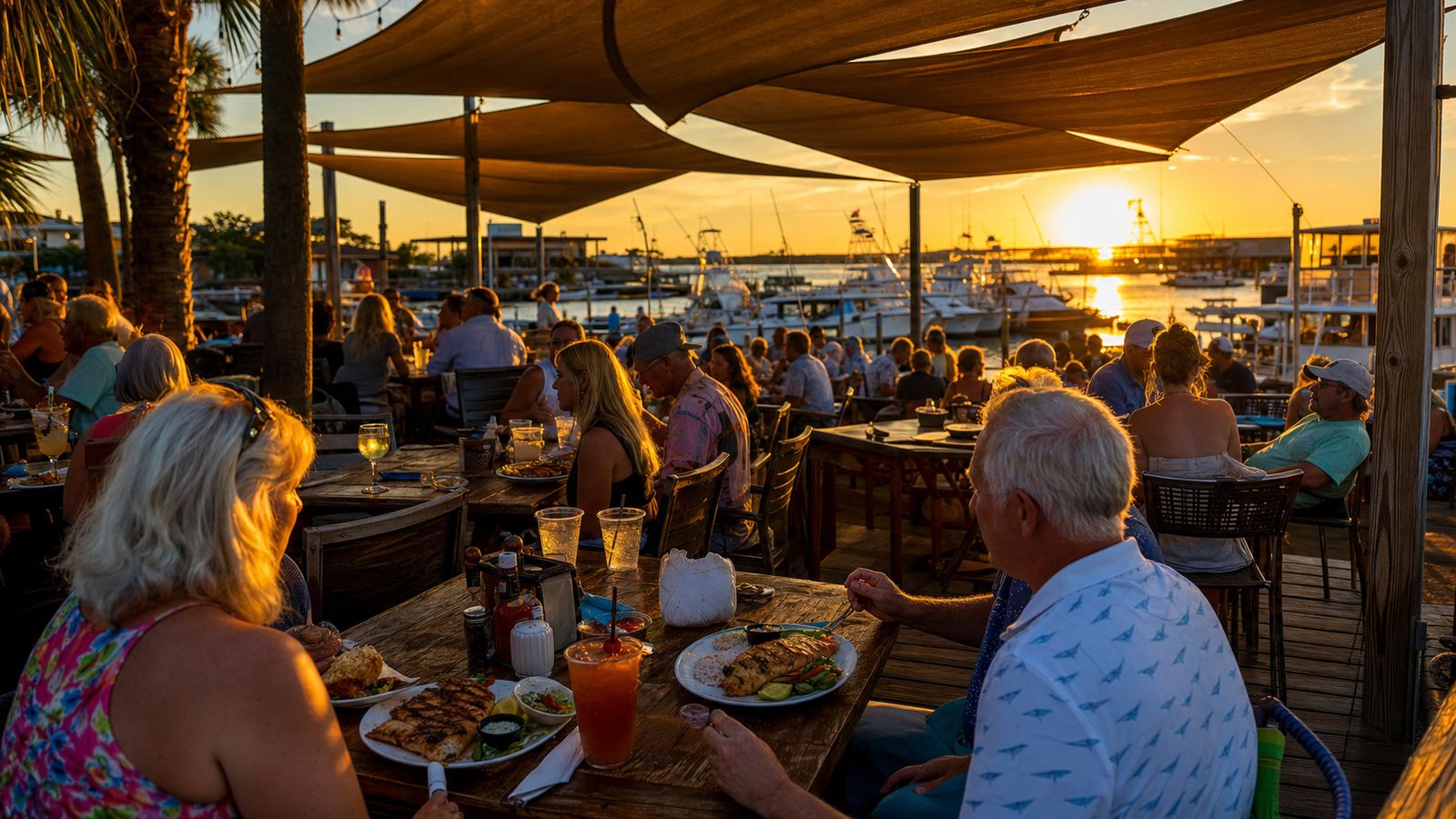 Crowded outdoor waterfront seafood restaurant in Destin Florida on a July evening with harbor and charter boat views