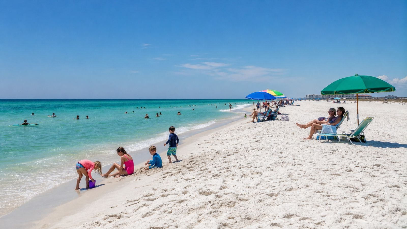 Families on the white sugar sand beach at Miramar Beach Florida with clear emerald Gulf water and colorful umbrellas under a bright blue sky
