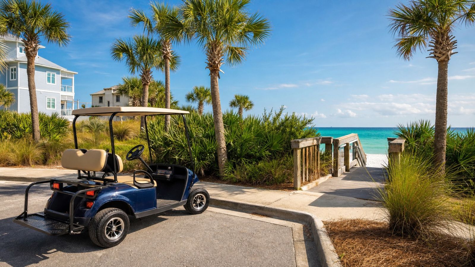 Golf cart parked near a beach walkover on Scenic Gulf Drive in Miramar Beach Florida with palm trees and vacation rental homes in the background