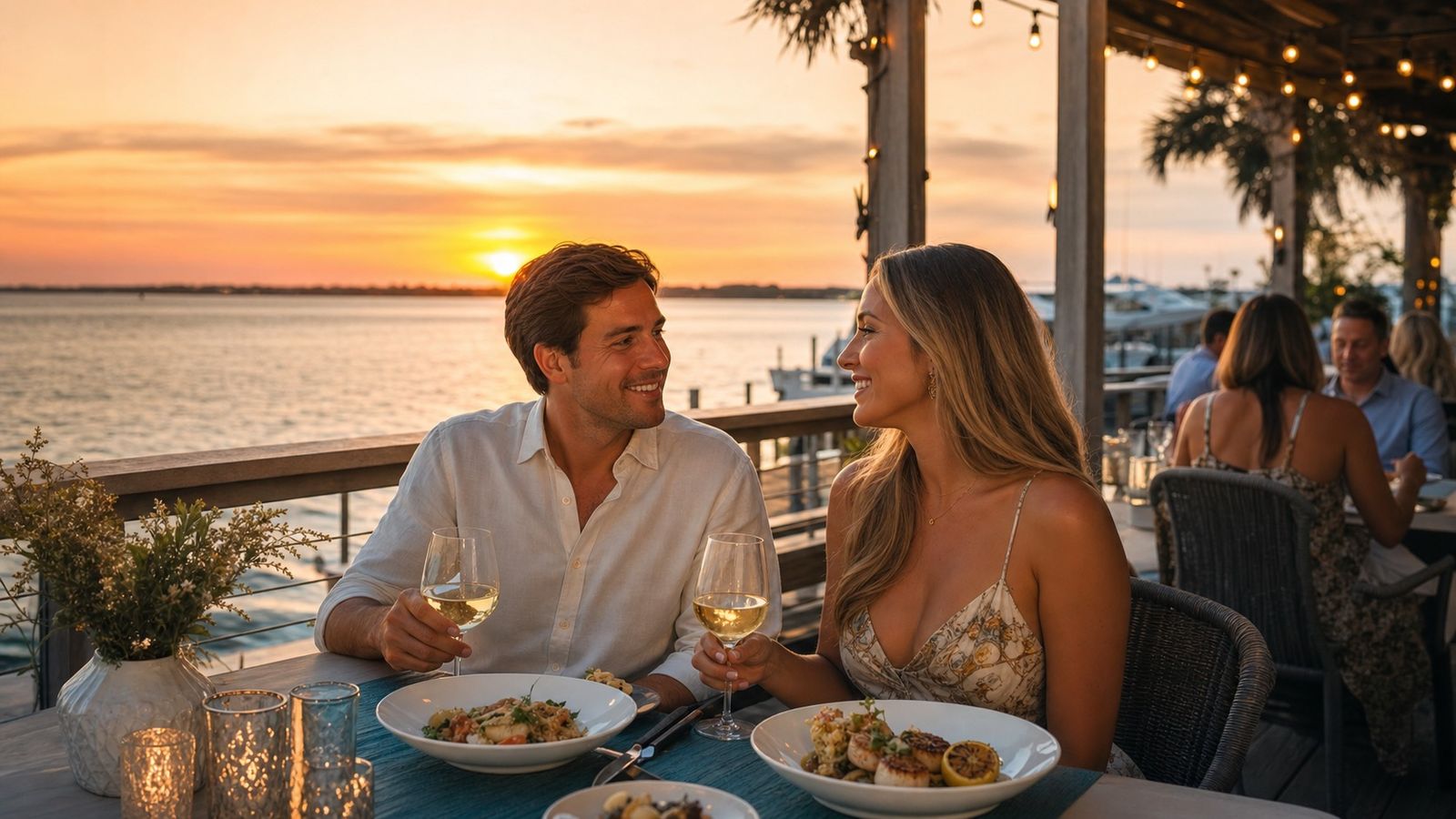 Couples dining at an outdoor waterfront patio restaurant in Miramar Beach Florida at golden hour with Gulf views and string lights