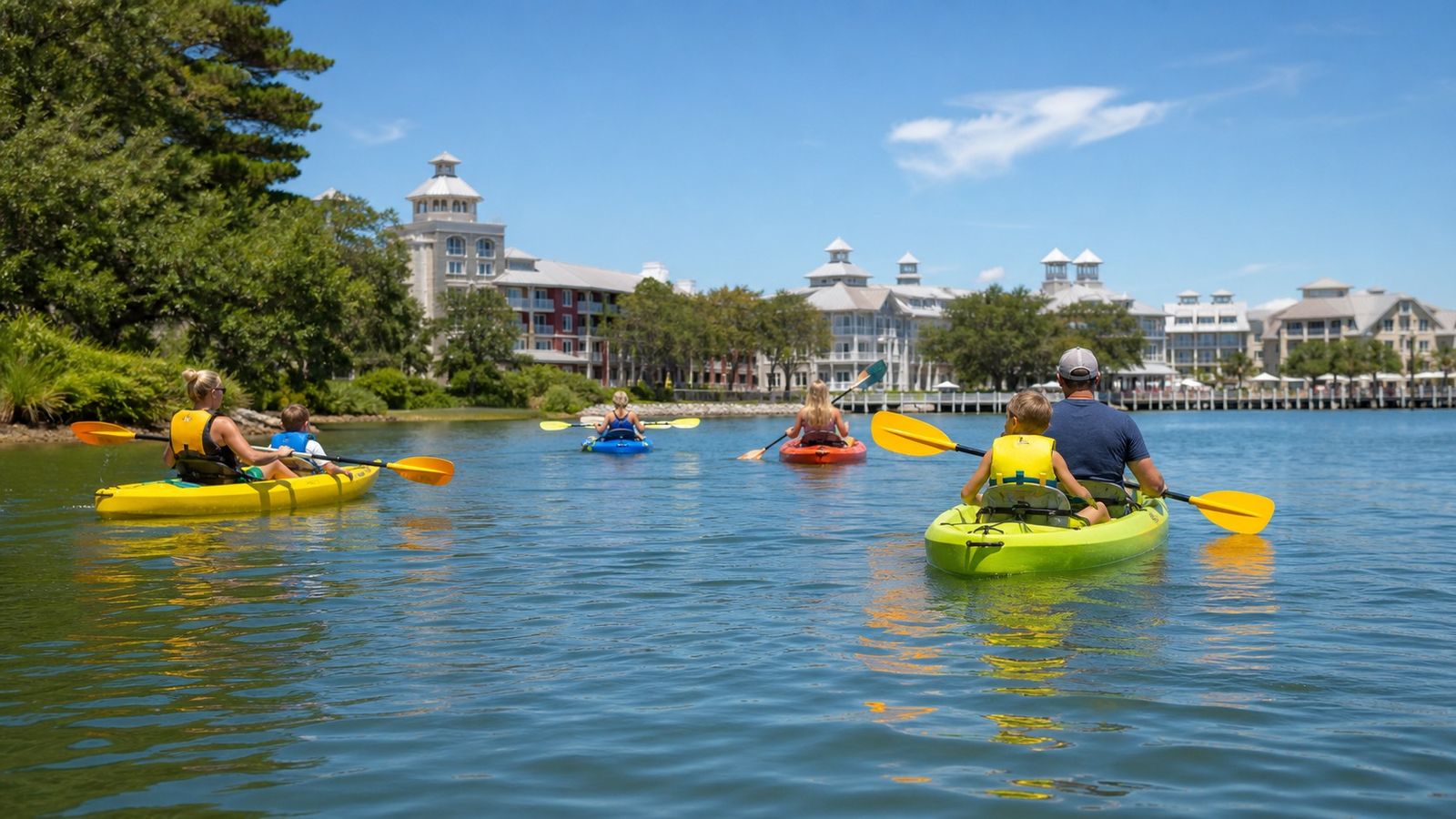 Families enjoying kayaking on the calm bay waters near Baytowne Wharf at Sandestin Resort Miramar Beach Florida on a sunny summer afternoon