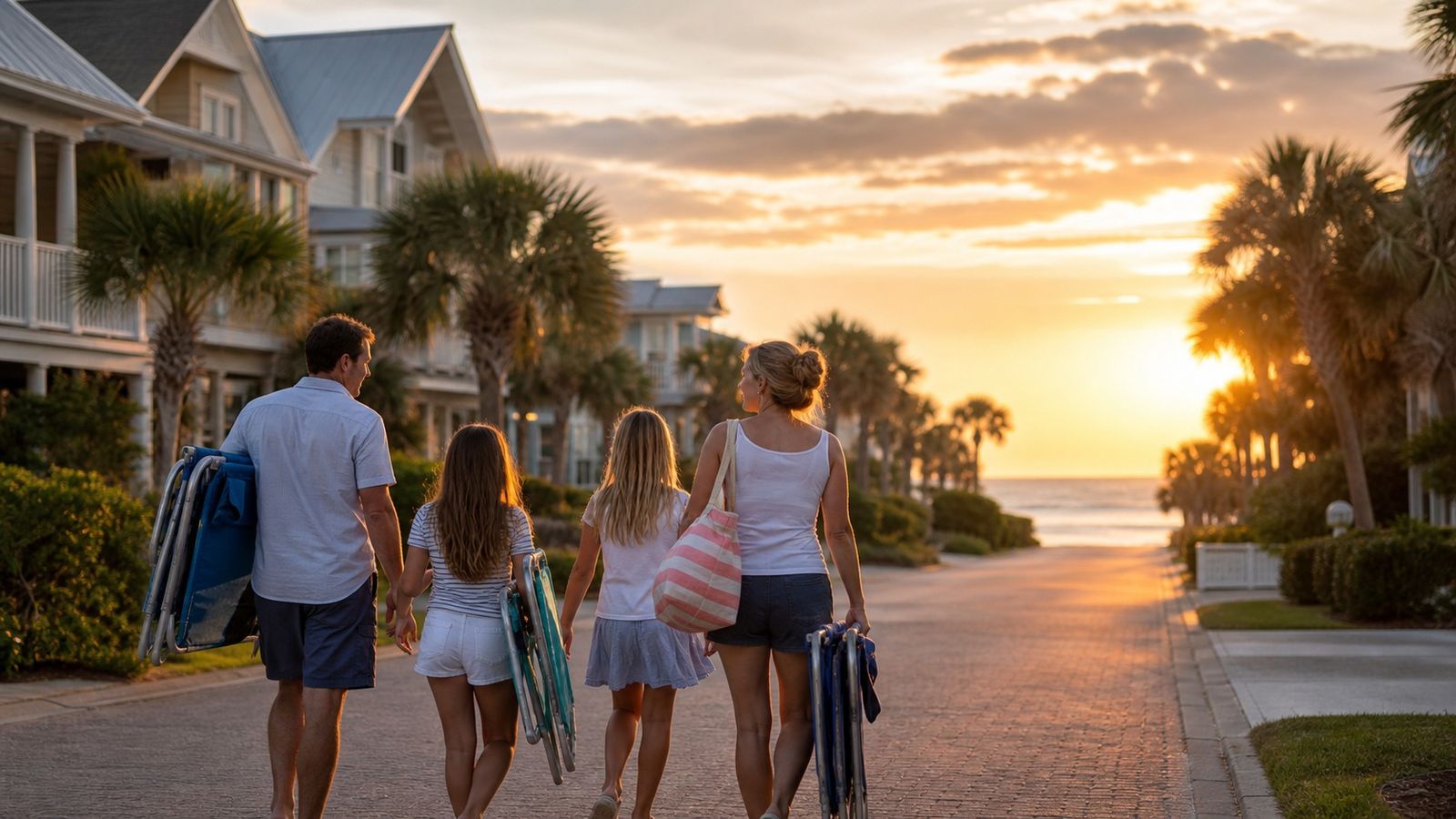 Family walking together at sunset on a quiet Miramar Beach Florida neighborhood street carrying beach chairs heading back from the Gulf