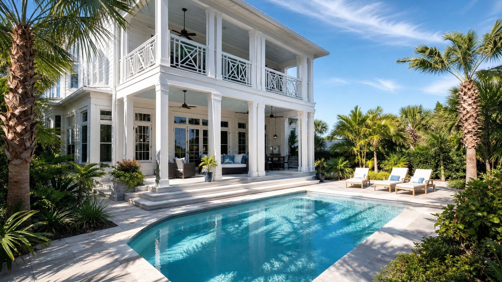 Beautiful vacation rental house with a private pool in a tropical landscaped backyard in Miramar Beach Florida on a sunny afternoon