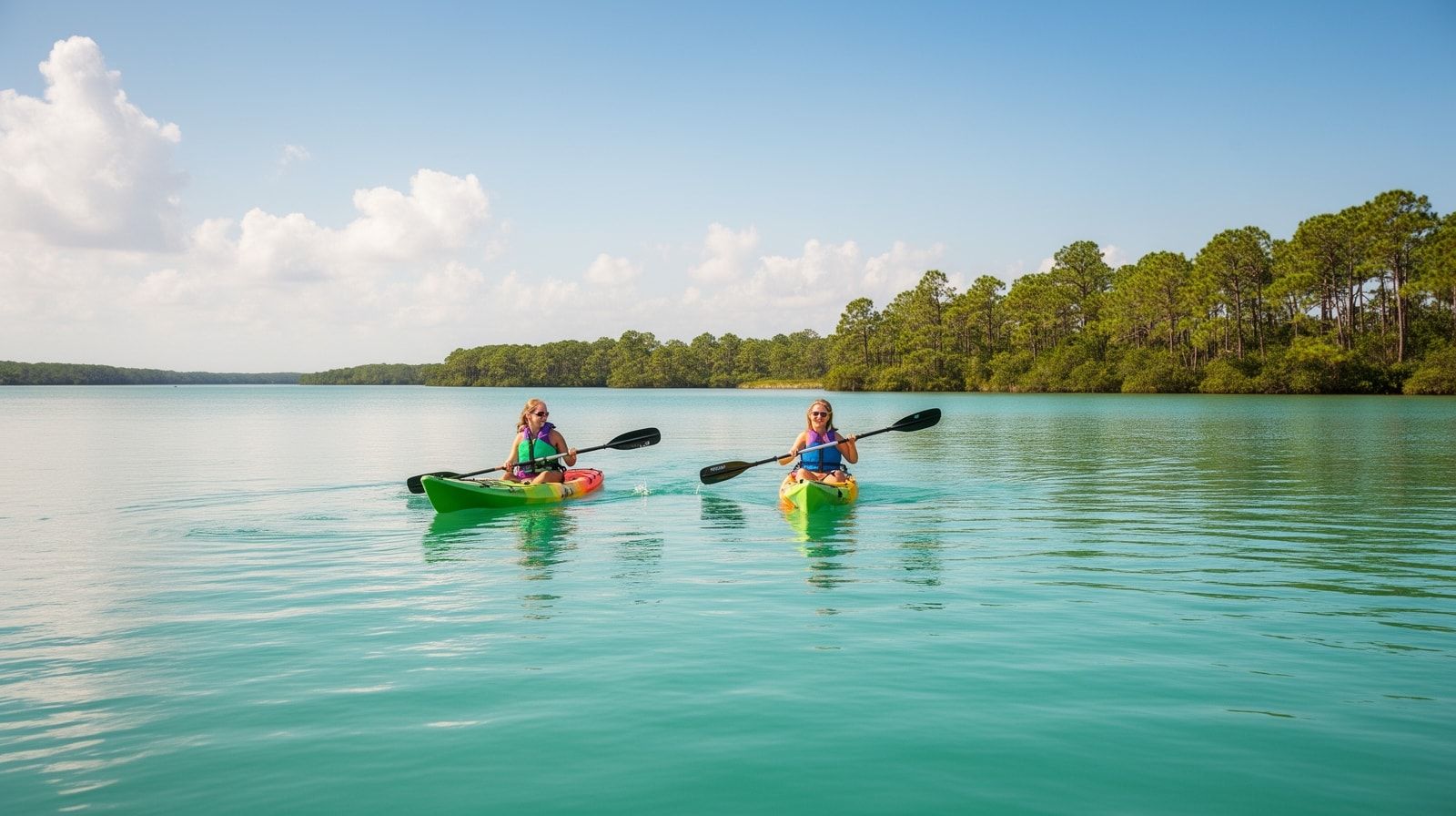 Two kayakers paddling on calm turquoise bay water near the Florida panhandle with pine trees and blue sky reflecting in the water