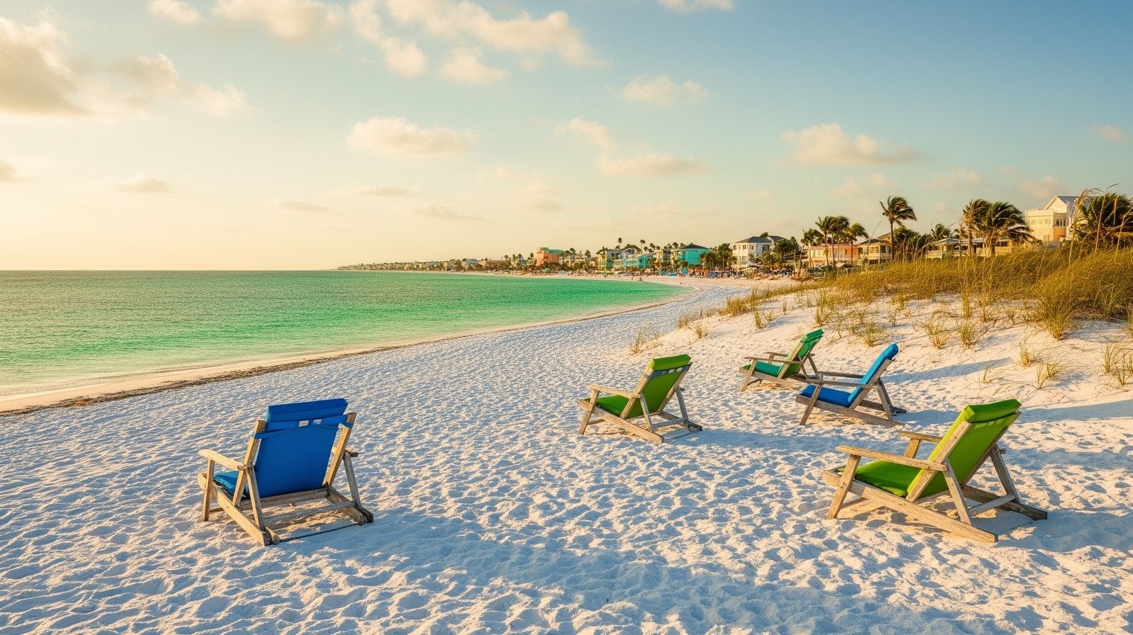 Sugary white sand beach on the Florida panhandle Gulf Coast with crystal clear emerald water and beach chairs in warm afternoon light