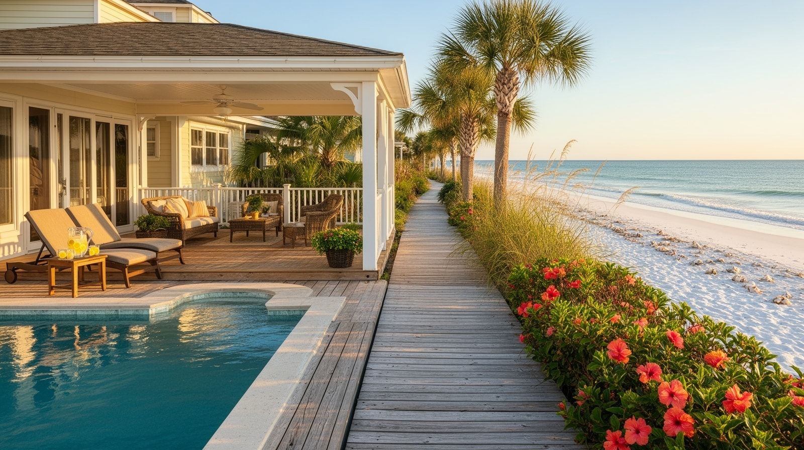 Florida coastal vacation rental with private pool and covered porch with a wooden boardwalk leading toward the Gulf of Mexico on a sunny morning