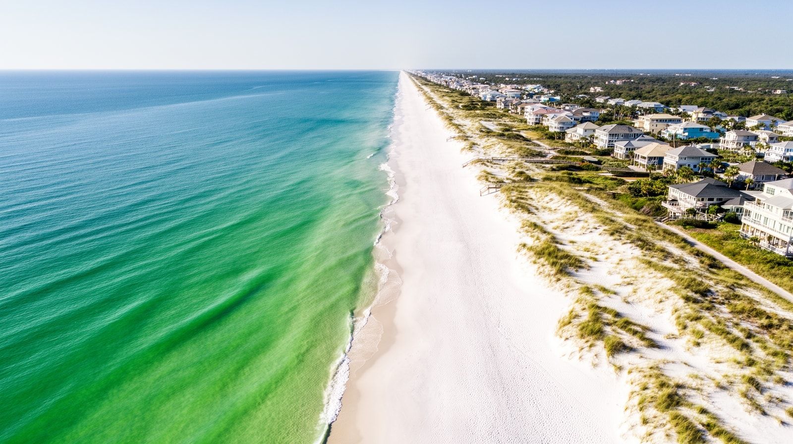 Aerial panorama of the Emerald Coast showing white sand beaches and emerald Gulf water stretching from Miramar Beach toward 30A coastal communities