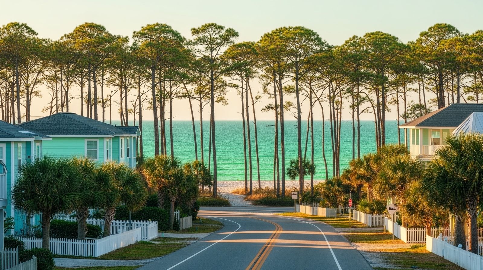 Florida panhandle coastal highway view with emerald Gulf water visible through pine trees and vacation rentals along the Emerald Coast