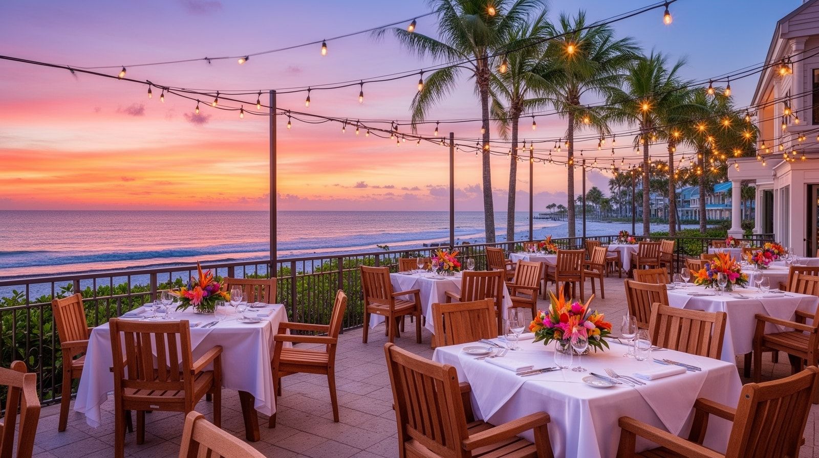 Outdoor dining patio at a coastal Florida Emerald Coast restaurant with string lights and a glimpse of Gulf water at sunset