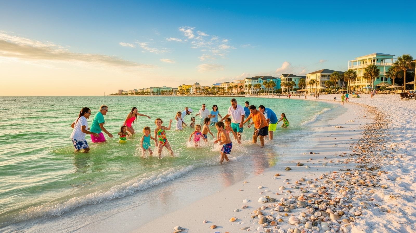 Happy group of adults and children playing in shallow emerald Gulf water on a white sand Florida panhandle beach at golden hour