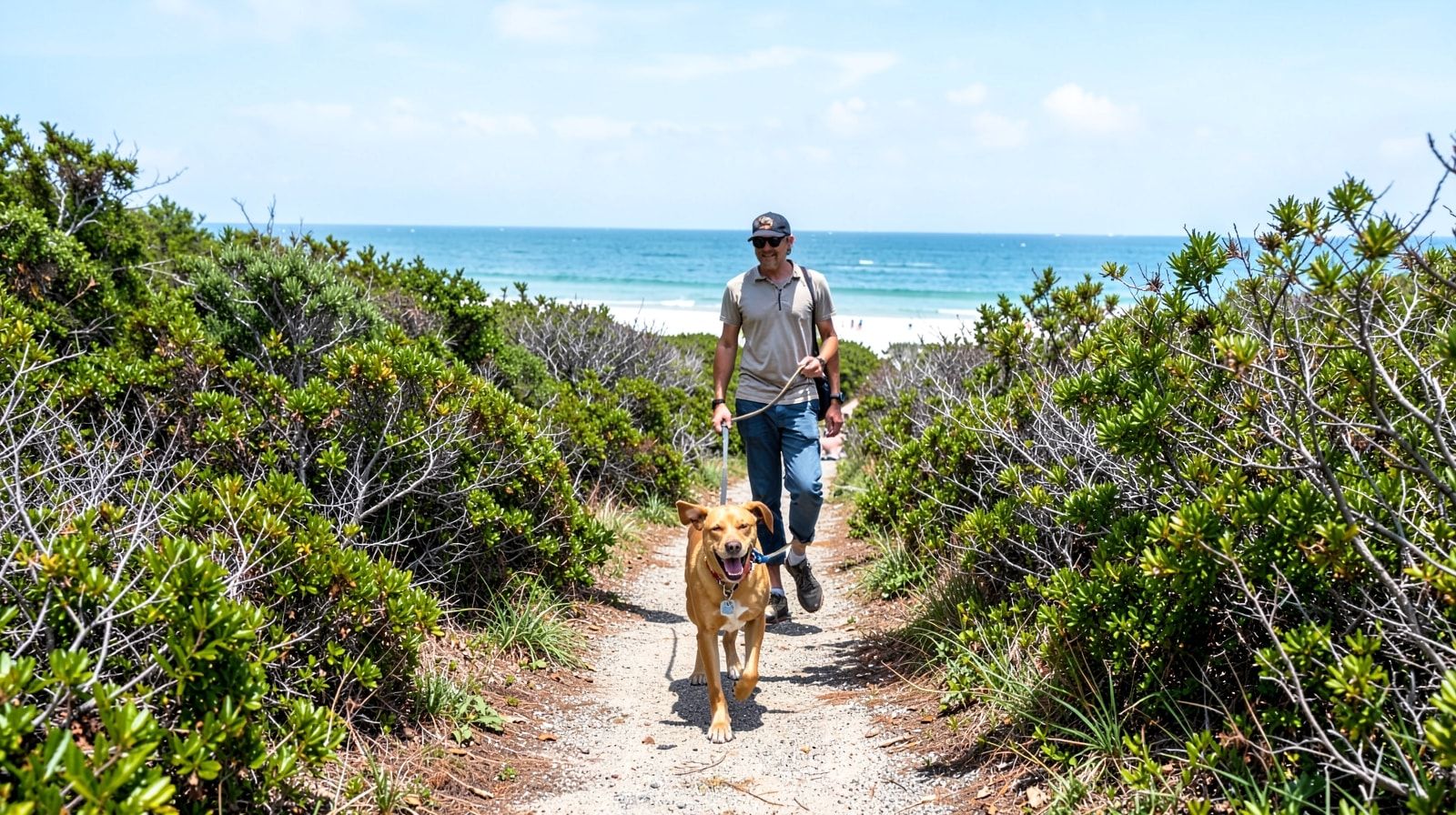 Person walking a leashed dog on a nature trail at a Florida coastal state park with Gulf water visible through the coastal scrub vegetation