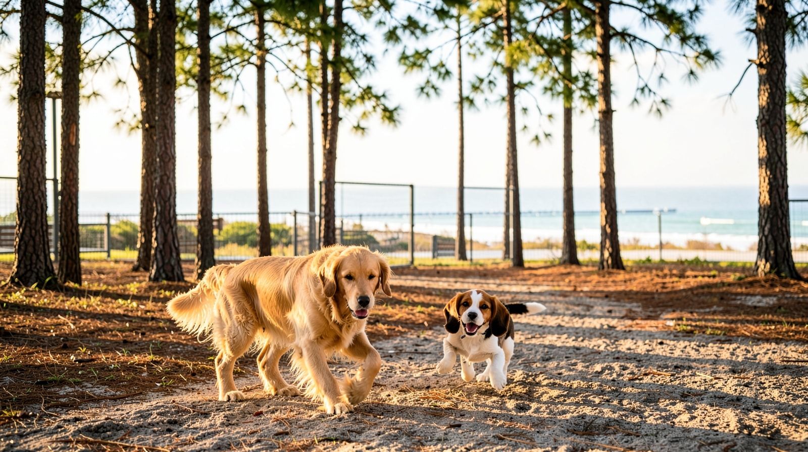 Two dogs playing off-leash in a fenced dog park in Northwest Florida in early morning sunlight with pine trees providing shade