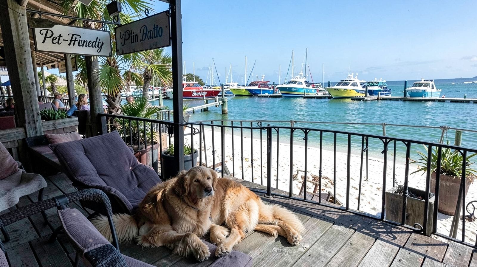 Dog lying calmly beside its owner at an outdoor waterfront restaurant patio in Destin Florida with charter boats in the marina behind them
