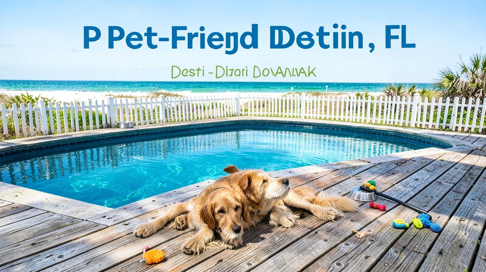 Dog relaxing in the shade on the pool deck of a pet-friendly vacation rental home in Destin Florida with a blue private pool and fenced yard