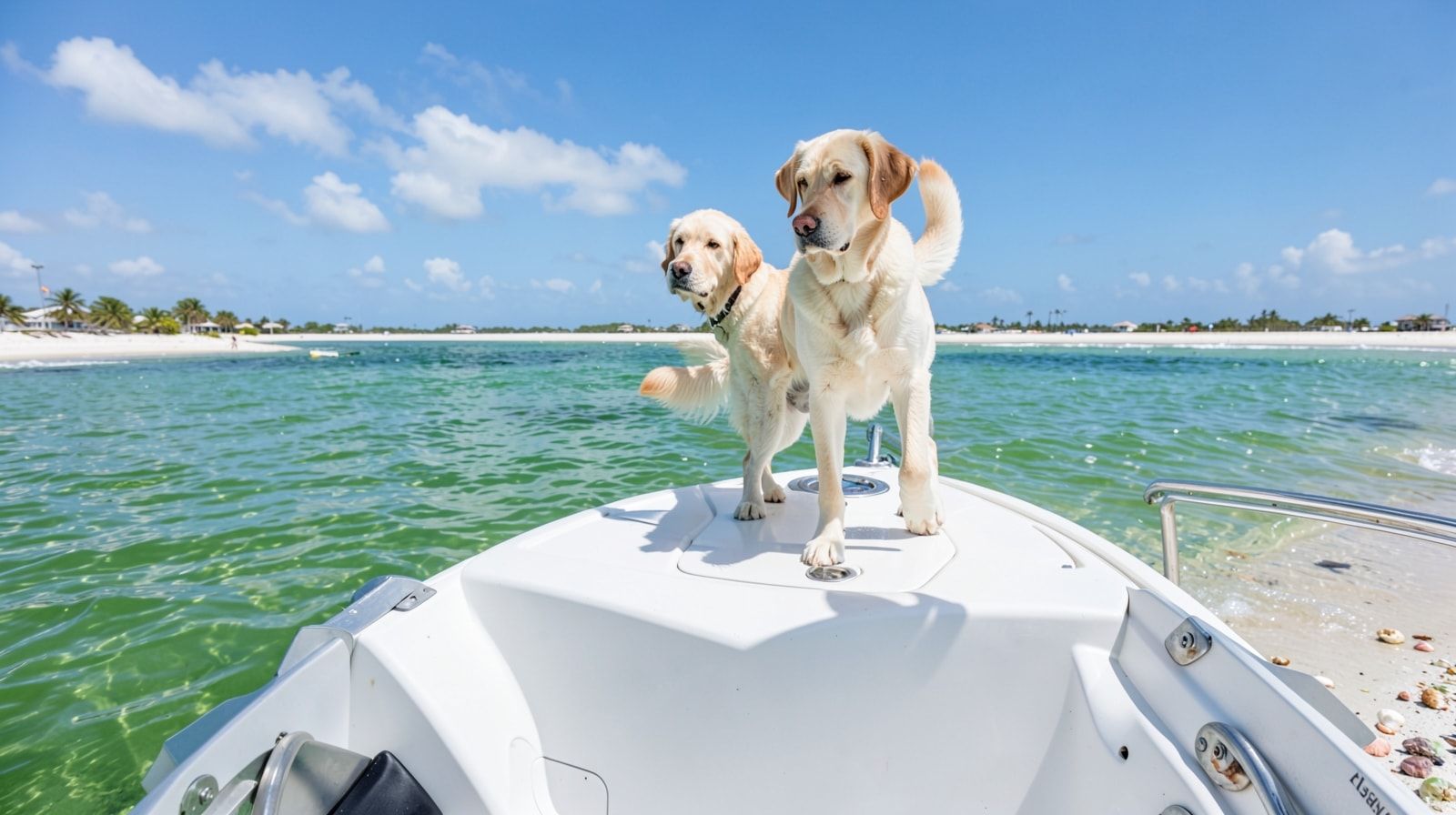 Labrador retriever dog standing on the bow of a pontoon boat anchored in clear shallow emerald-green Gulf water near Destin Florida