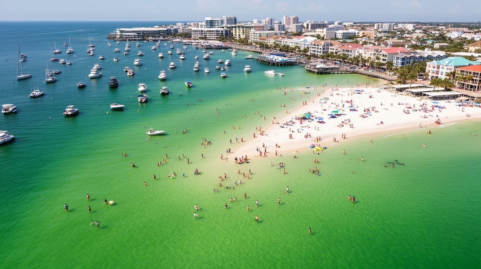 Aerial view of Crab Island sandbar in Destin Harbor with dozens of boats anchored and people wading in clear emerald-green shallow water