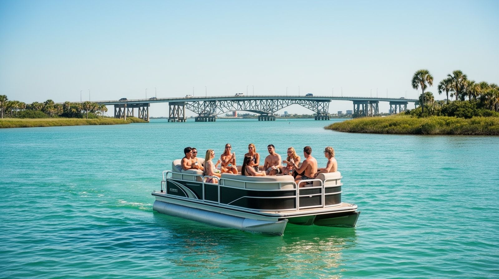 Group of eight on a rented pontoon boat crossing Choctawhatchee Bay toward Crab Island with the Marler Bridge in the background
