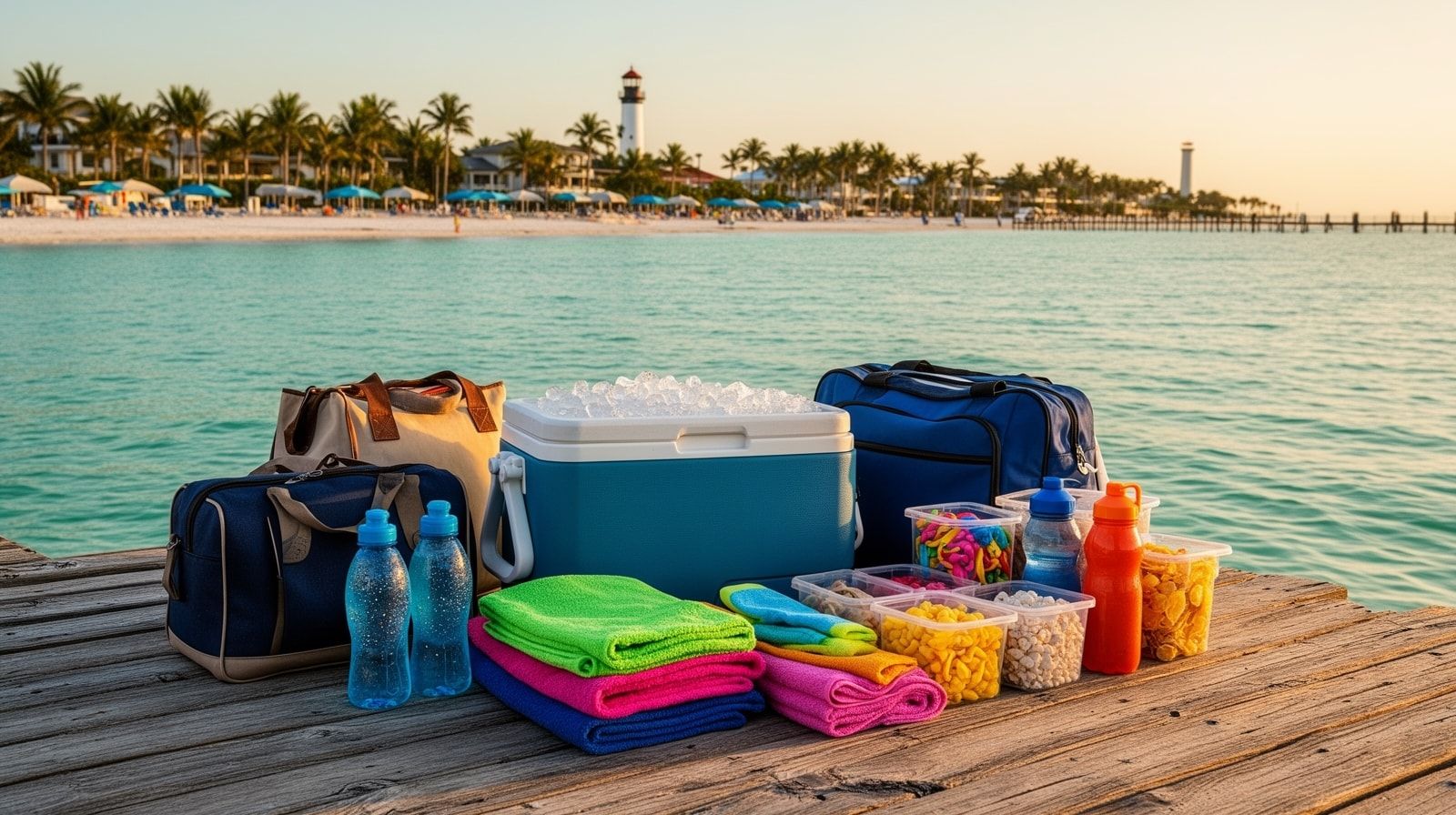Well-organized cooler and beach bags with sunscreen, water bottles, towels, and snacks on a Florida dock ready for a pontoon boat day