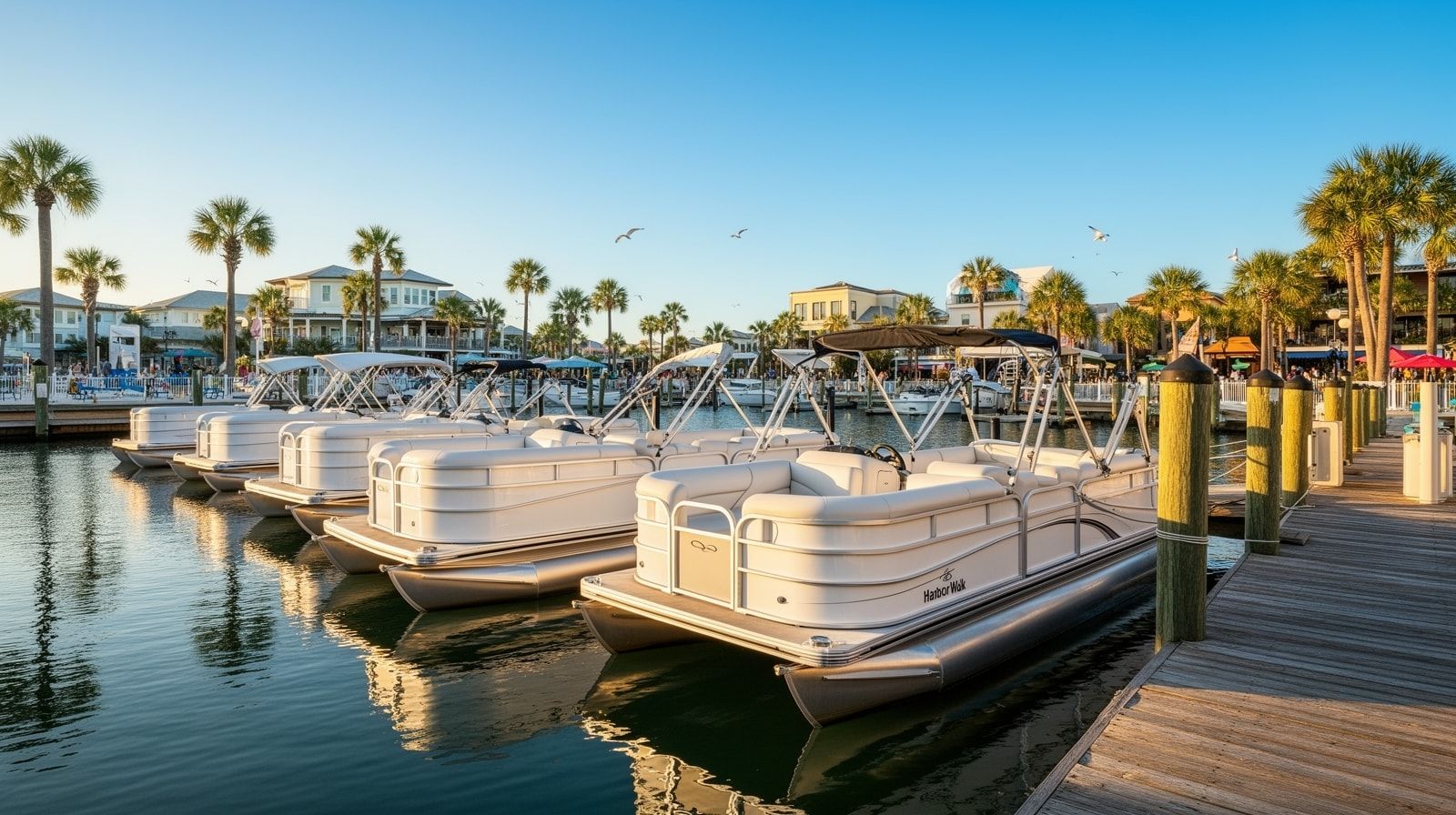 Row of white pontoon boats docked at HarborWalk Village marina in Destin Florida on a clear sunny morning ready for rental