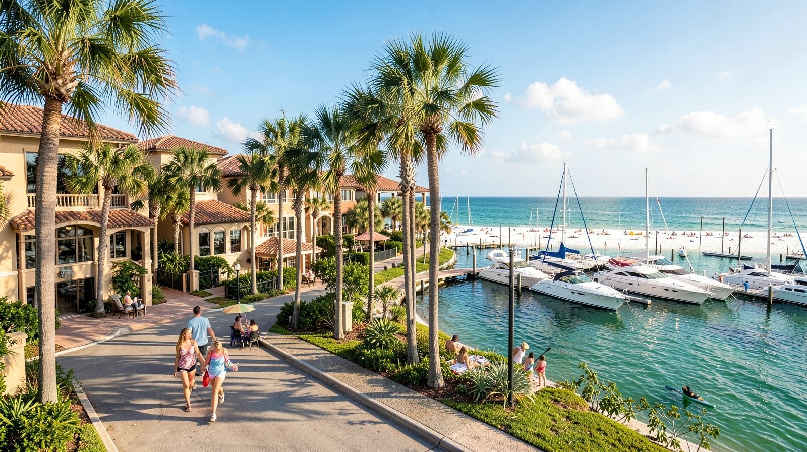 Gated resort community near Destin Florida with marina and palm-lined streets