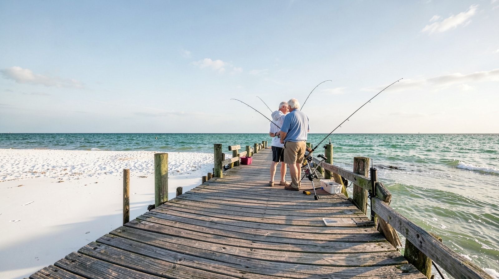 Peaceful winter morning fishing on a Destin Florida pier with empty beach