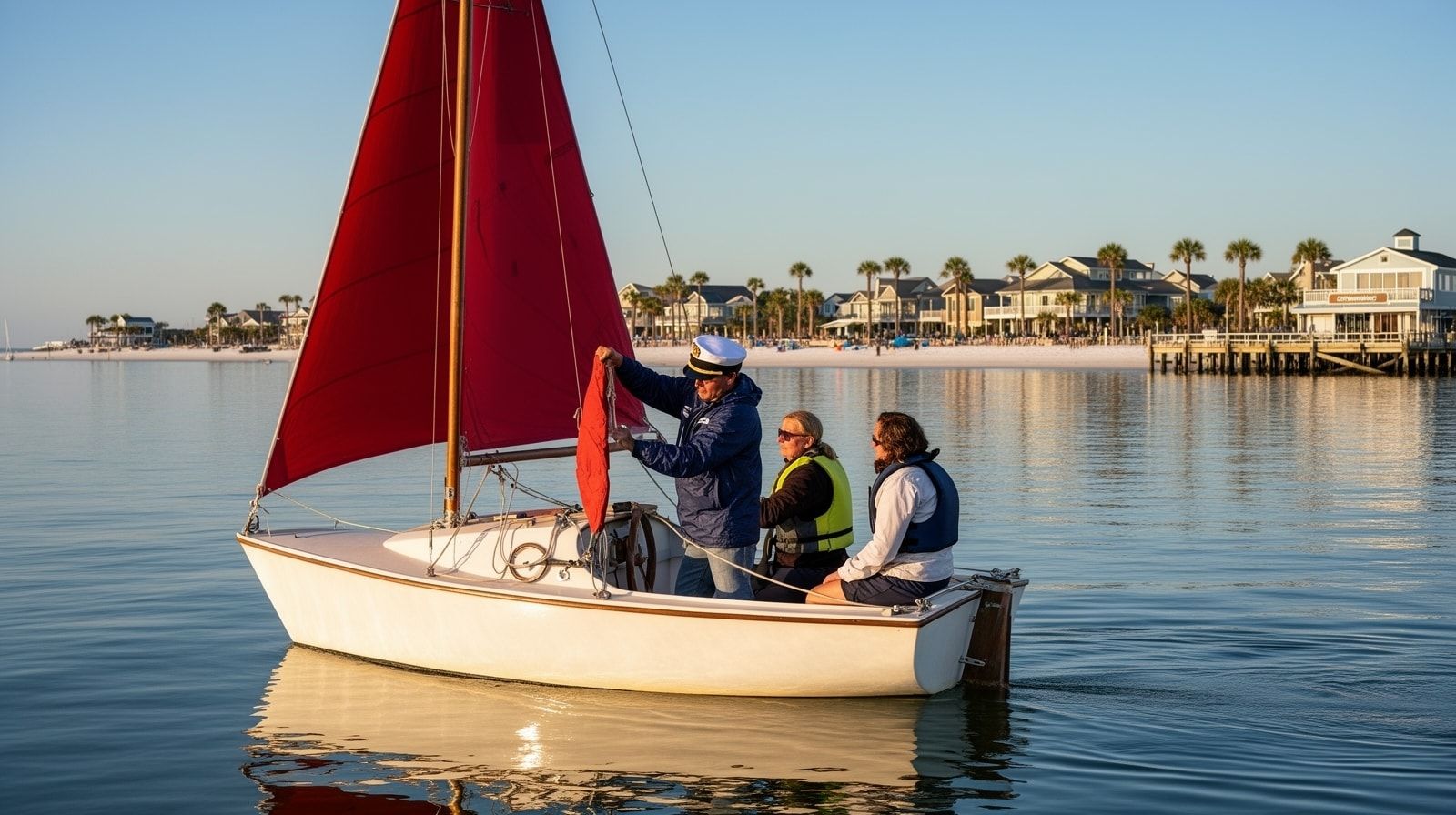 Sailing instructor teaching two adults on a small sailboat on calm Choctawhatchee Bay water near Destin Florida