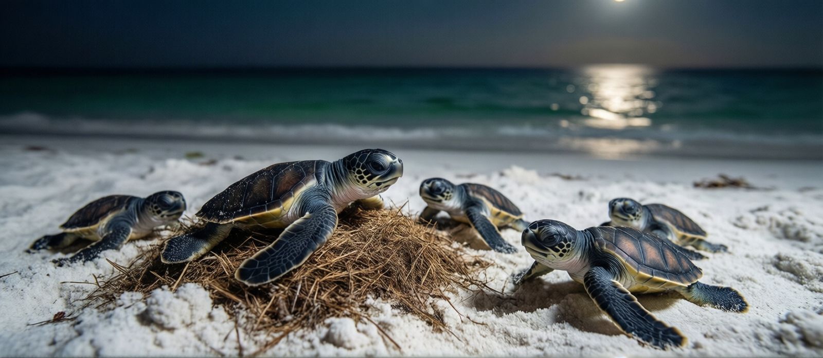 Baby loggerhead sea turtle hatchlings scrambling from nest across white sand toward Gulf of Mexico on a dark Florida Panhandle beach, moonlight on the water