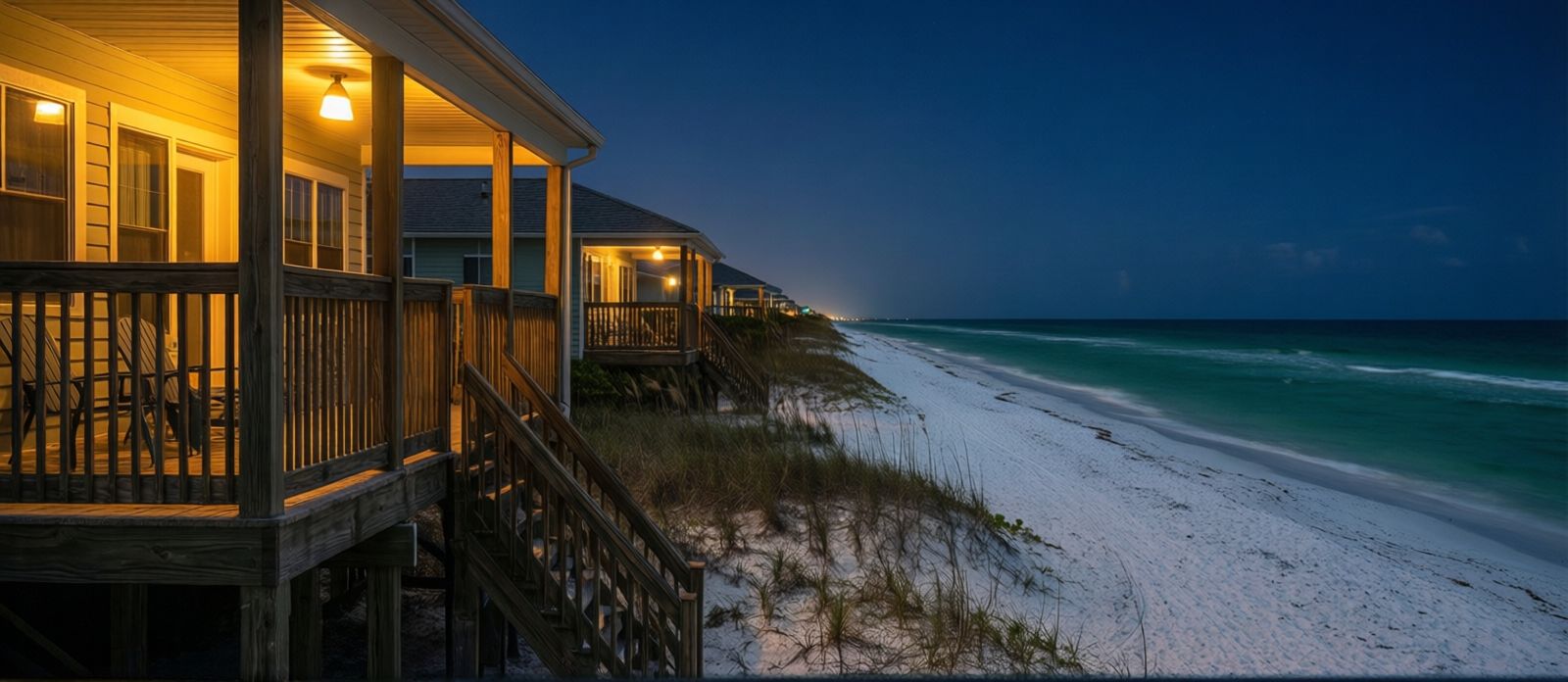 Beachfront vacation rental in Destin Florida at night using amber turtle-safe porch lights with dark beach visible, sea turtle nesting season lighting compliance