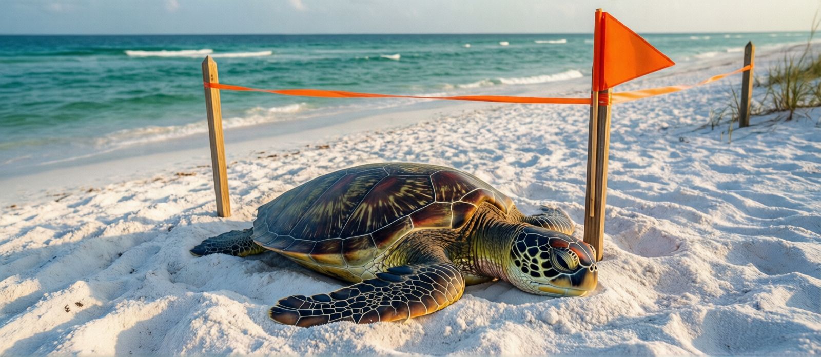 Sea turtle nest marked with wooden stakes and orange flagging tape on white sand beach at Miramar Beach Florida in early morning light