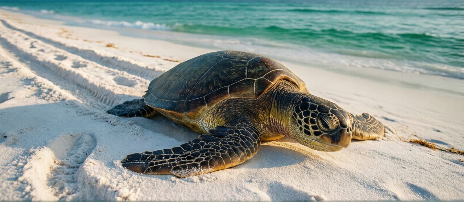 Loggerhead sea turtle crawling up white sugar sand beach at dawn leaving wide flipper track marks, emerald Gulf of Mexico in background at Destin Florida
