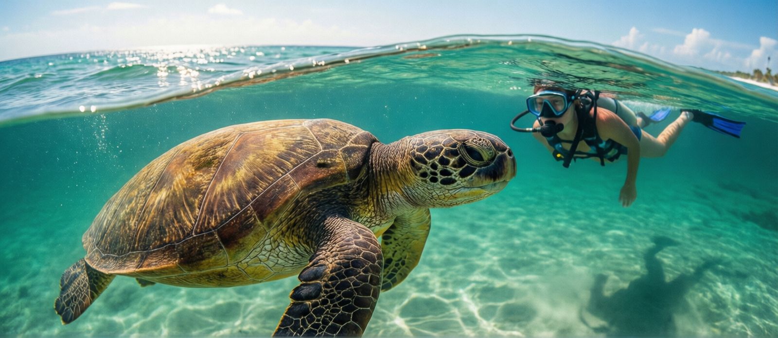 Loggerhead sea turtle swimming through clear emerald green Gulf of Mexico water near Destin Florida, snorkeler watching from the surface in bright summer sunlight
