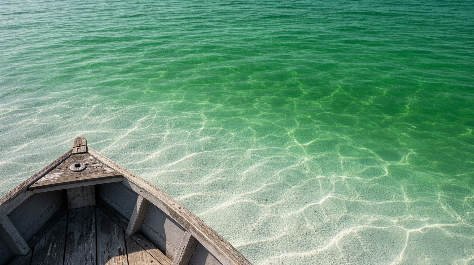 Looking down from a boat into clear shallow emerald-green Gulf water near Destin with white quartz sand visible on the bottom