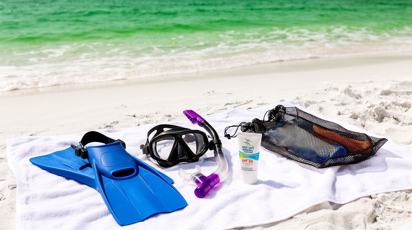 Snorkeling gear including mask fins snorkel and reef-safe sunscreen on a beach towel with Destin's emerald Gulf water in the background