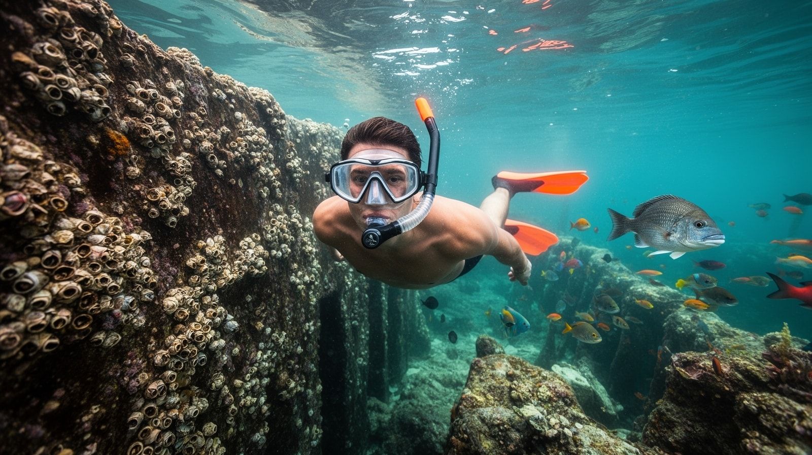 Snorkeler exploring rocky jetty structure underwater near Destin Florida with sheepshead and reef fish in clear blue-green water