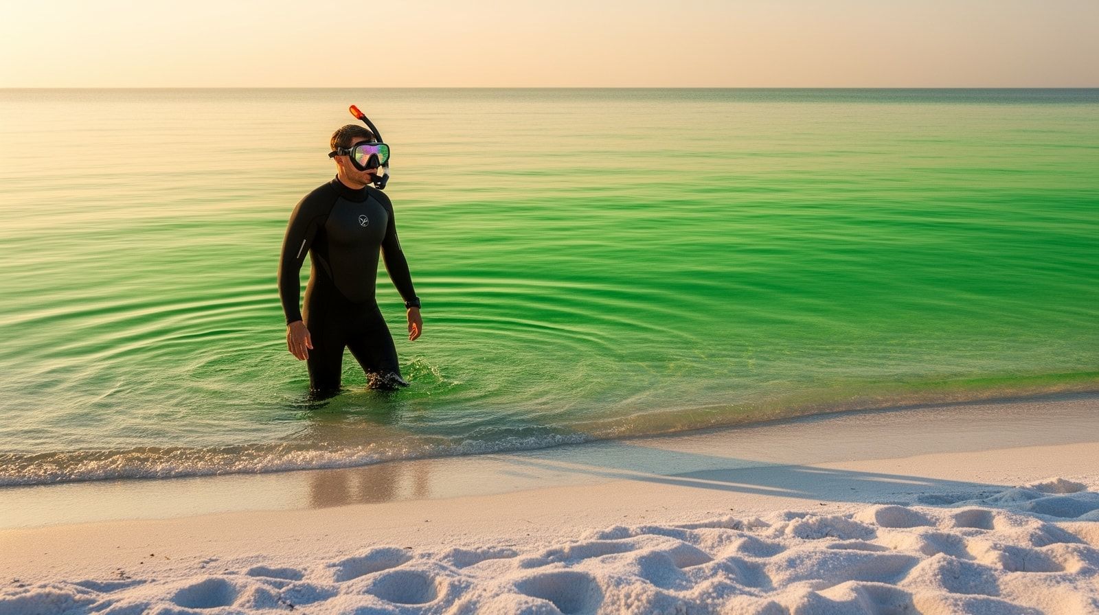 Calm glassy Gulf water at Destin beach in late summer morning with a snorkeler wading in under golden light, exceptional visibility conditions