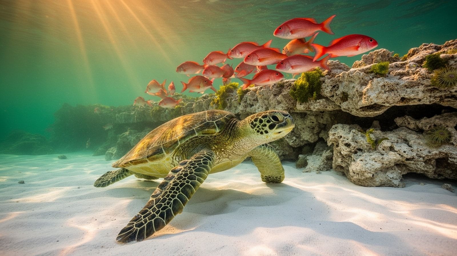 Green sea turtle gliding over sandy bottom near a rocky reef ledge with red snapper in clear Gulf water near Destin Florida