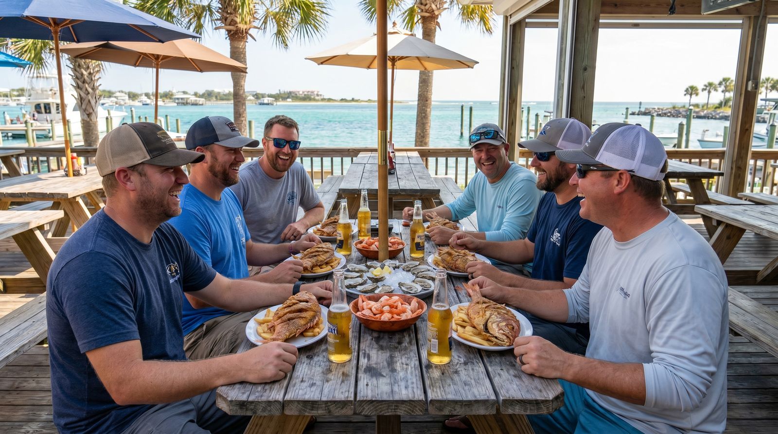 Outdoor patio at a casual waterfront seafood restaurant in Destin Florida during spring break season with people dining