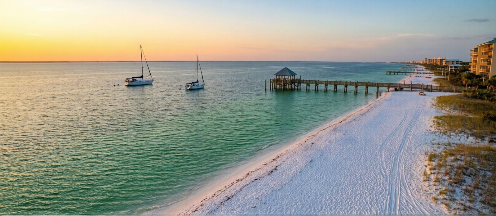 Sunset view from Baytowne Wharf at Sandestin in Miramar Beach looking over calm Choctawhatchee Bay with sailboats at anchor