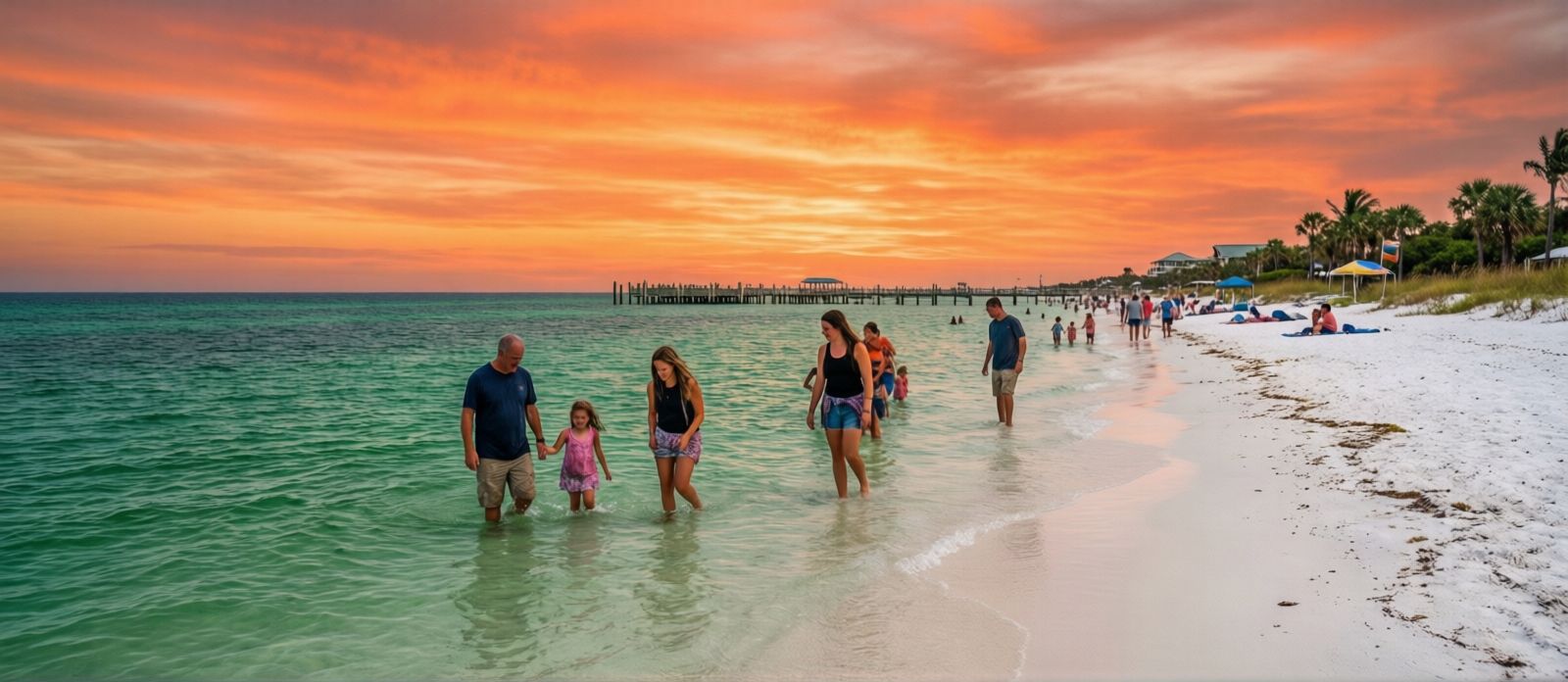 Sunset at Crab Island sandbar in Destin Harbor with families wading in shallow emerald water as the sky turns orange and coral