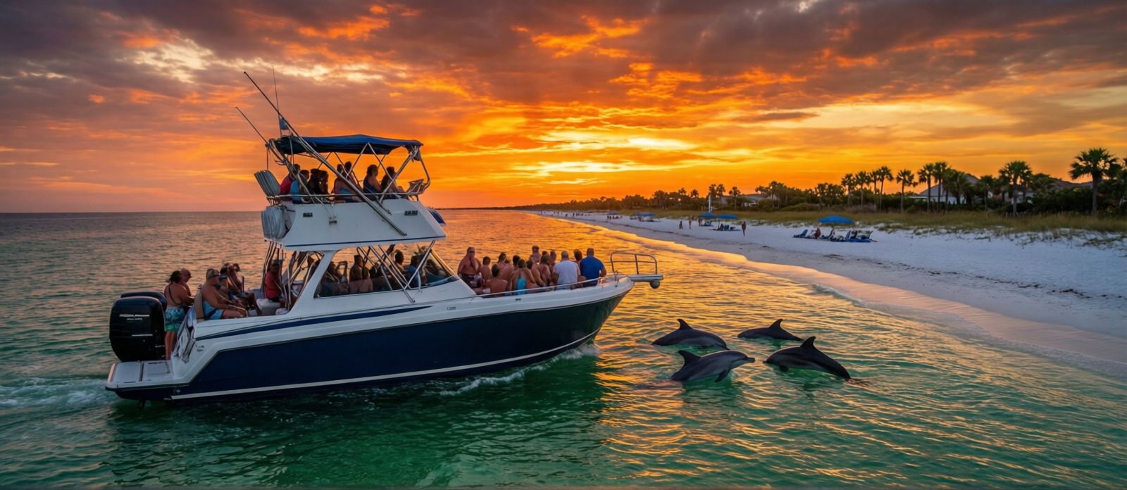 Sunset dolphin cruise boat on the Gulf of Mexico near Destin at dusk with passengers watching dolphins and the sky blazing orange