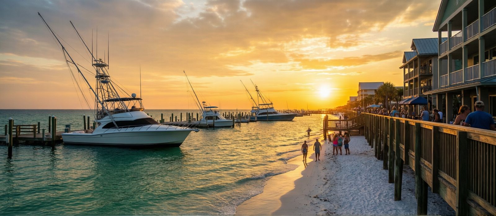 Golden hour sunset over Destin Harbor with silhouetted charter fishing boats and people on the HarborWalk Village waterfront