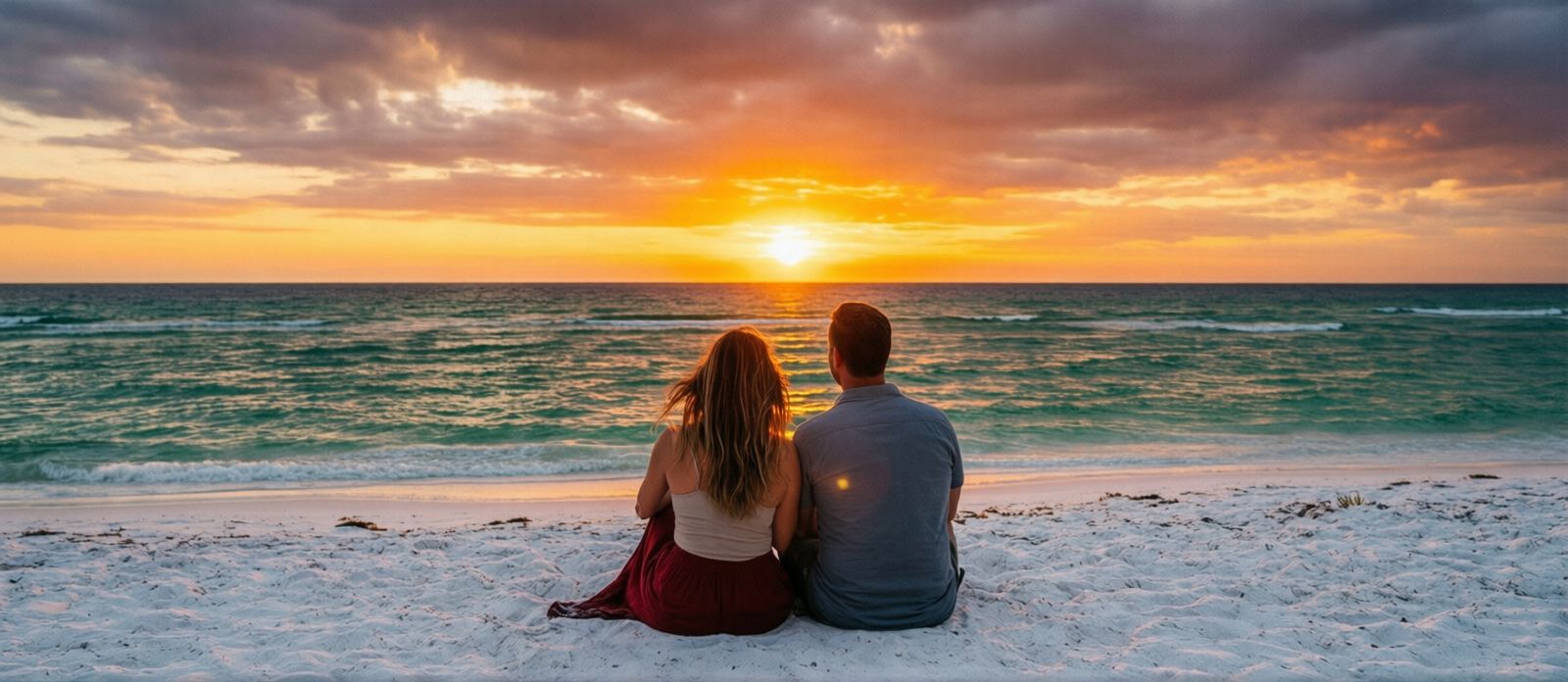Couple sitting on white sugar sand at Henderson Beach State Park in Destin watching a vivid sunset over the Gulf of Mexico