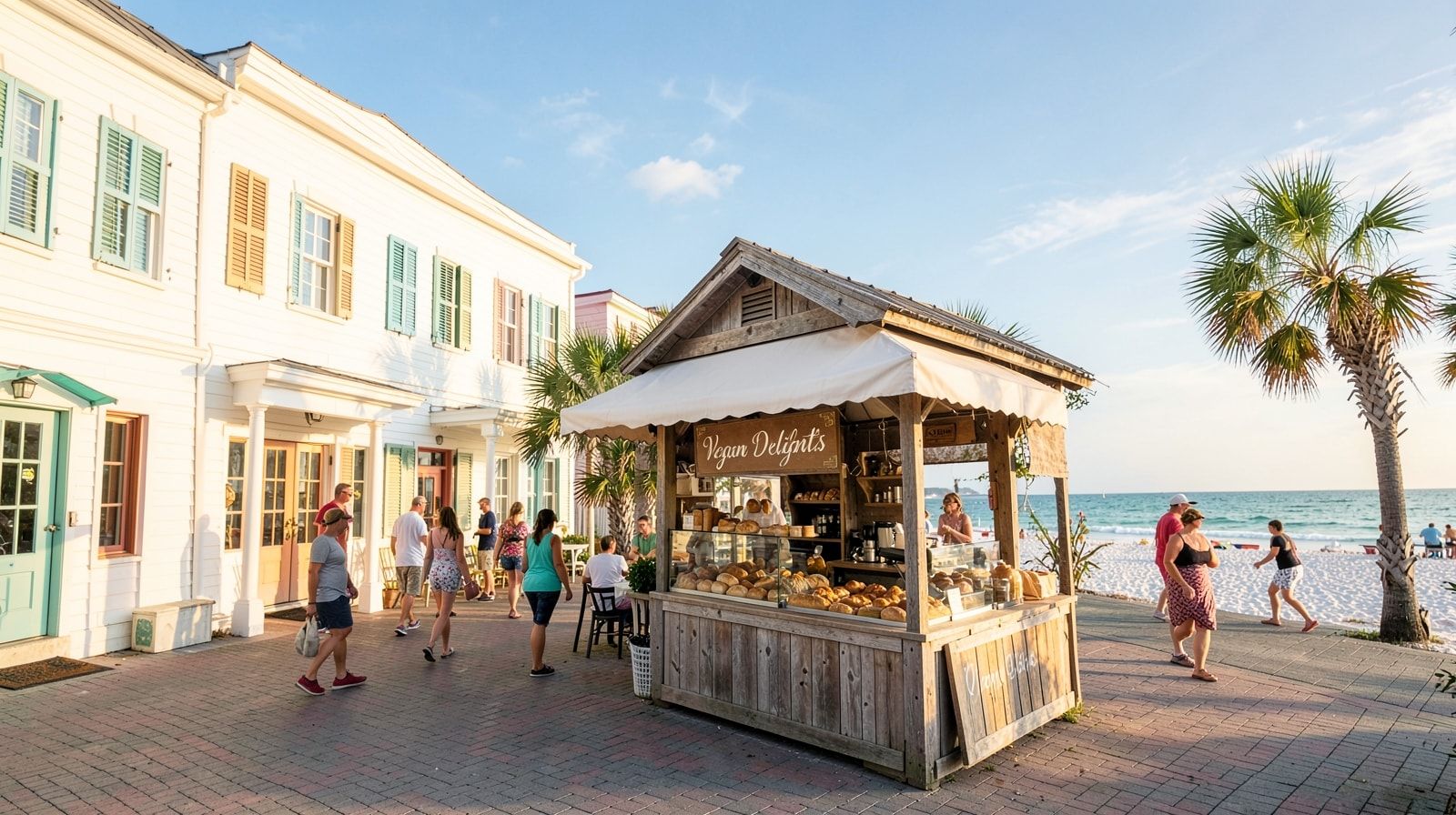 Charming pedestrian square in Seaside Florida 30A with white buildings, artisan bakery stall, and pedestrians in golden afternoon light