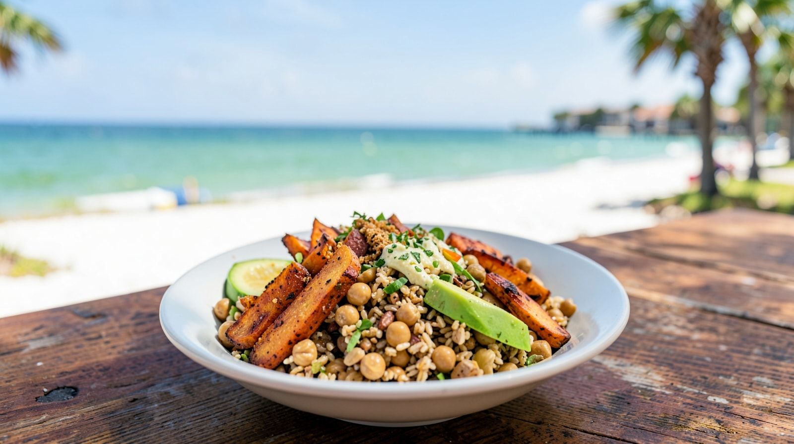 Beautifully plated vegan grain bowl with roasted sweet potato, chickpeas, and avocado at a Destin Florida restaurant