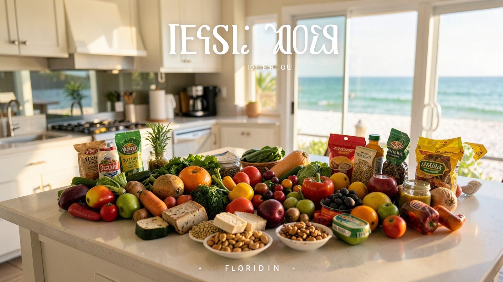 Bright vacation rental kitchen with fresh produce and plant-based groceries spread on the counter in Florida morning sunlight