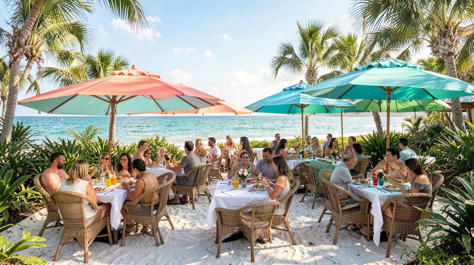 Outdoor cafe patio dining at a Miramar Beach resort with tropical plants and guests enjoying fresh lunch under umbrellas